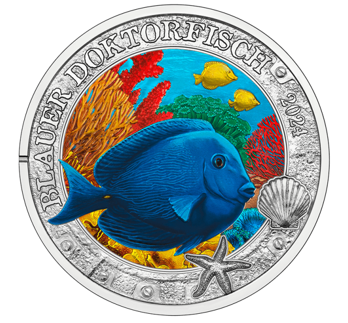 Austria Moneta da 3 euro 2024 -  Vita marina luminosa - Pesce chirurgo blu