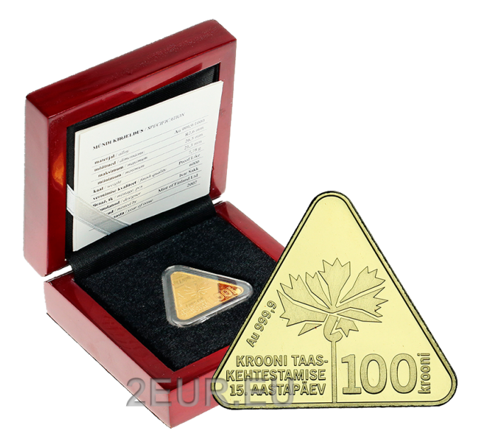 Estonia 100 Kroon moneta d'oro Proof 2007 - 15° anniversario della reintroduzione della corona estone