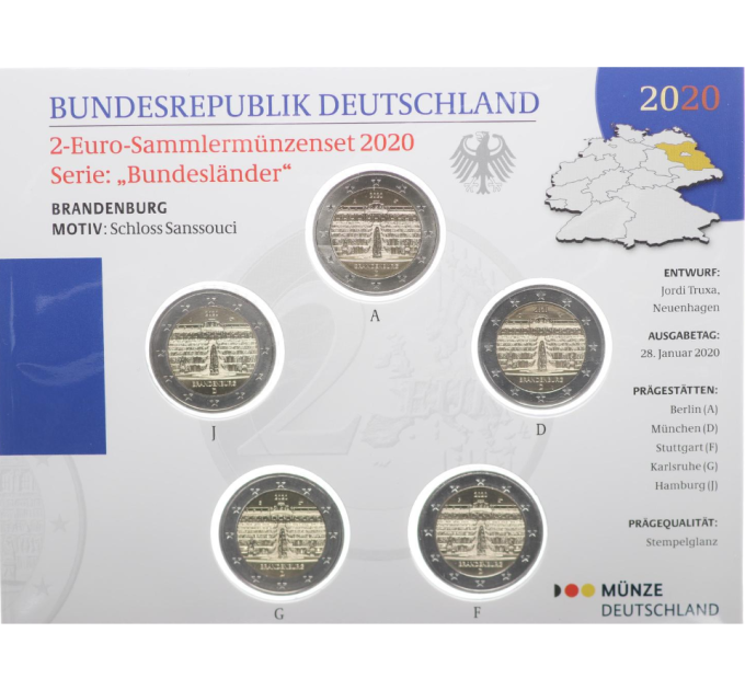 Germania 2 Set di monete in euro FDC 2020 - Brandeburgo - Palazzo Sanssouci - ADFGJ