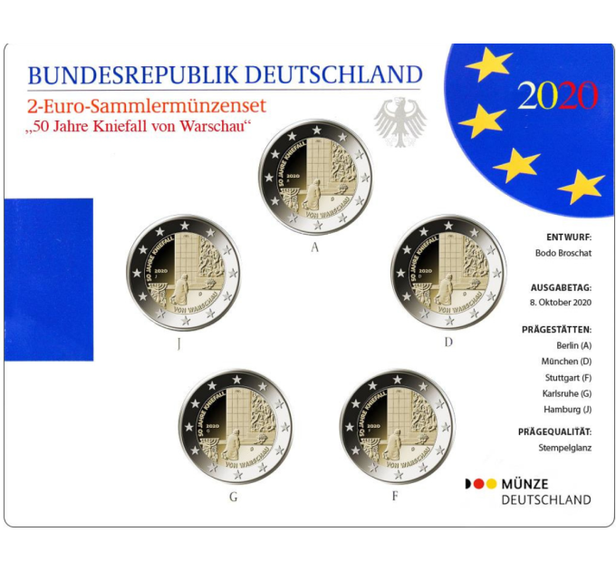 Germania 2 Set di monete in euro FDC 2020 - 50 anni dalla caduta del Kniefall von Warschau - Genuflessione di Varsavia - ADFGJ
