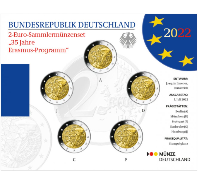 Germania 2 Set di monete in euro FDC 2022 - 35 anni di Erasmus - ADFGJ