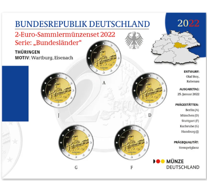 Germania 2 Set di monete in euro FDC 2022 - Turingia. Castello di Wartburg - ADFGJ