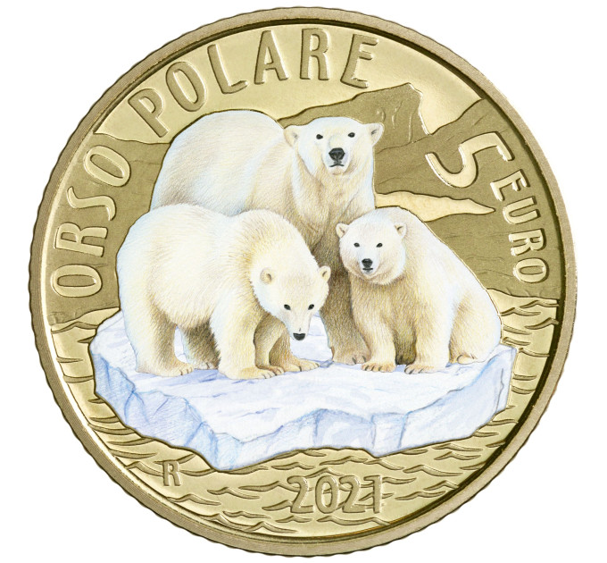Italia 5 euro PROOF 2021 - Animali in via di estinzione - Orso polare