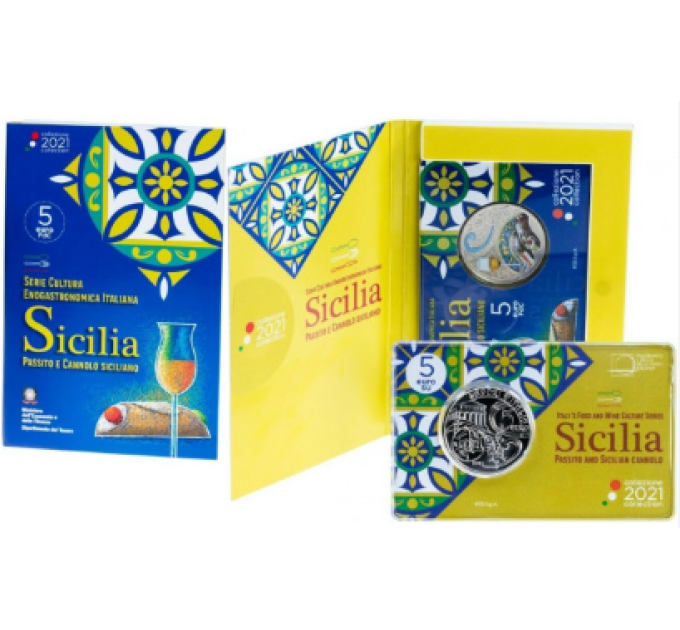 Italia 5 euro BU 2021 - Cultura enogastronomica italiana - Passito e cannoli siciliani