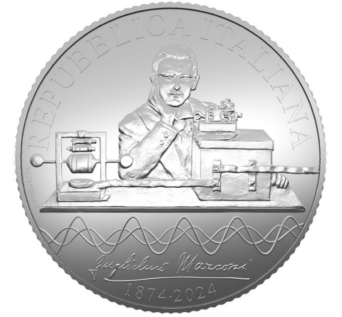 Italia 5 euro Argento PROOF 2024 - 150° Anniversario della nascita di Guglielmo Marconi e 100 anni dalla prima trasmissione radiofonica in Italia