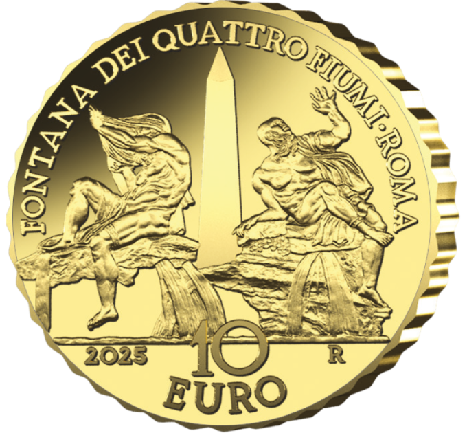 Italia 10 euro oro proof 2025 - Fontane d'Italia - Fontana dei Quattro Fiumi - Roma