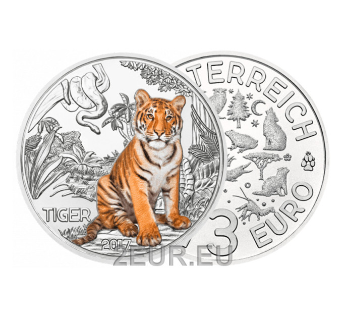 Austria 3 euro moneta 2017 - Tigre