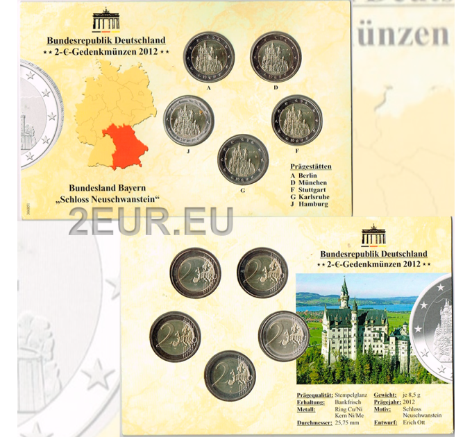  Germania 2 Set di monete in euro FDC 2012 - Castello di Neuschwanstein - ADFGJ