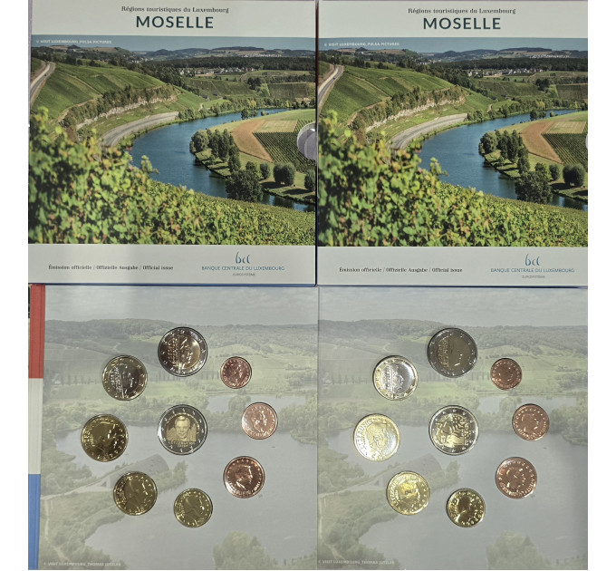 Lussemburgo euro set BU 2025 - Città di Moselle - 2 Euro Schuman + 25° del trono di Henri