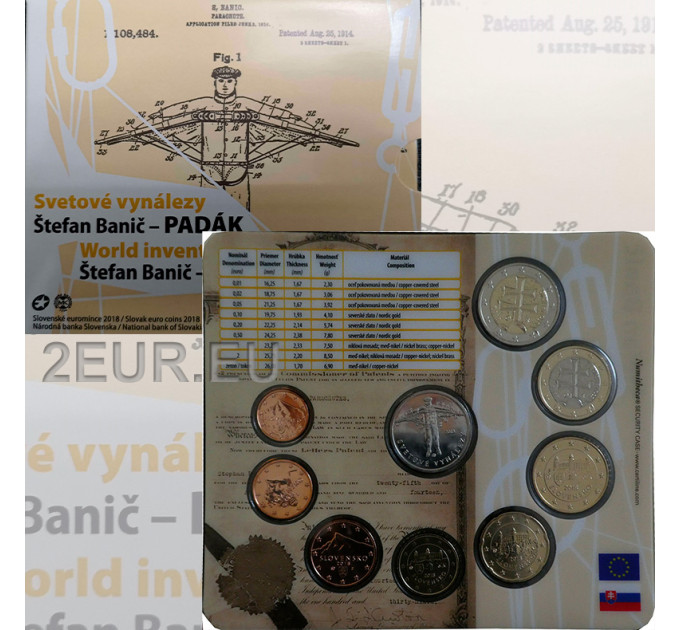 Slovacchia Serie di monete in euro FDC 2018 - Stefan Banic - Paracadute militare